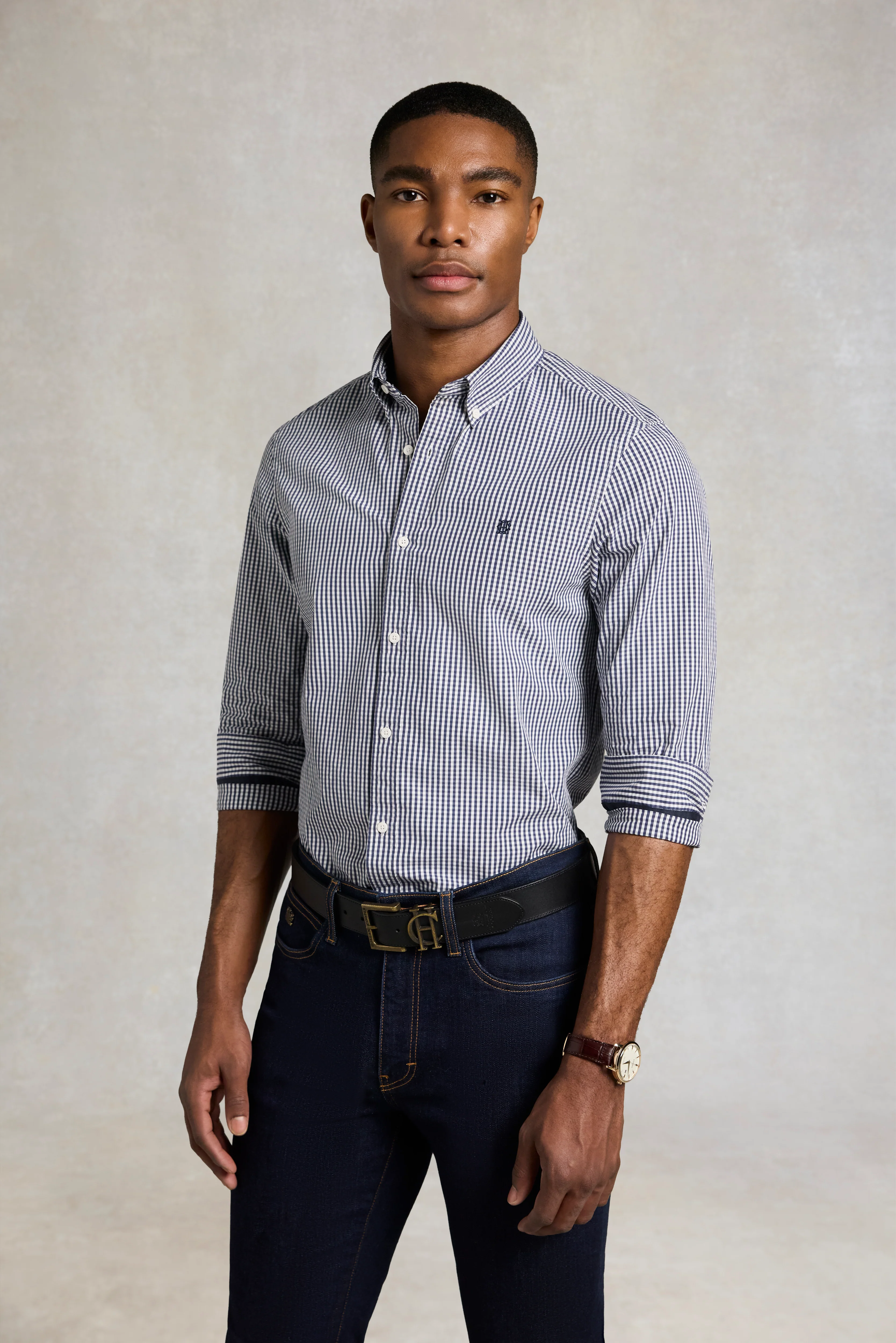 Men's Tailored Fit Button Down Shirt (Navy Gingham) - Image 2