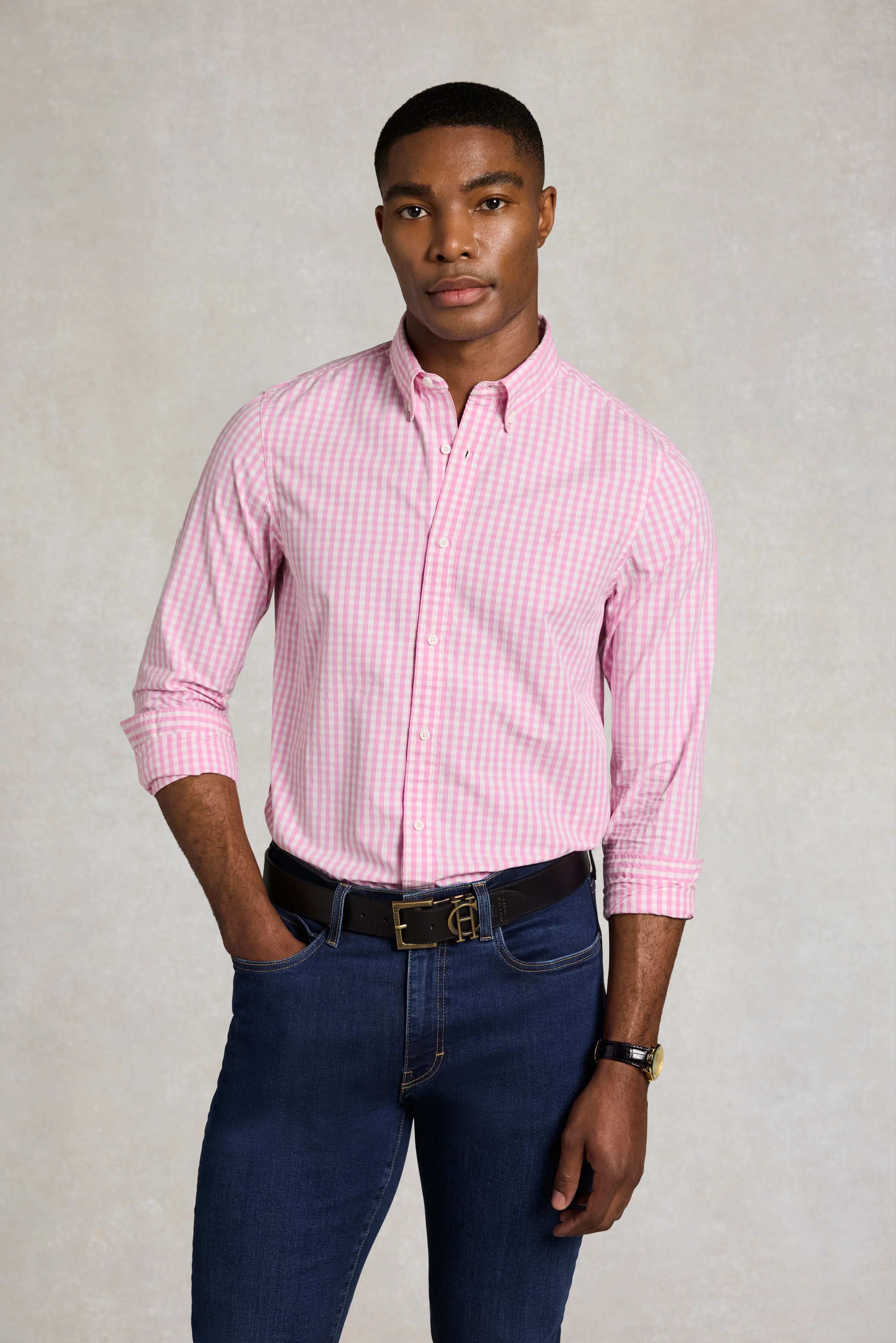 Men's Tailored Fit Button Down Shirt (Pink Gingham) - Image 2