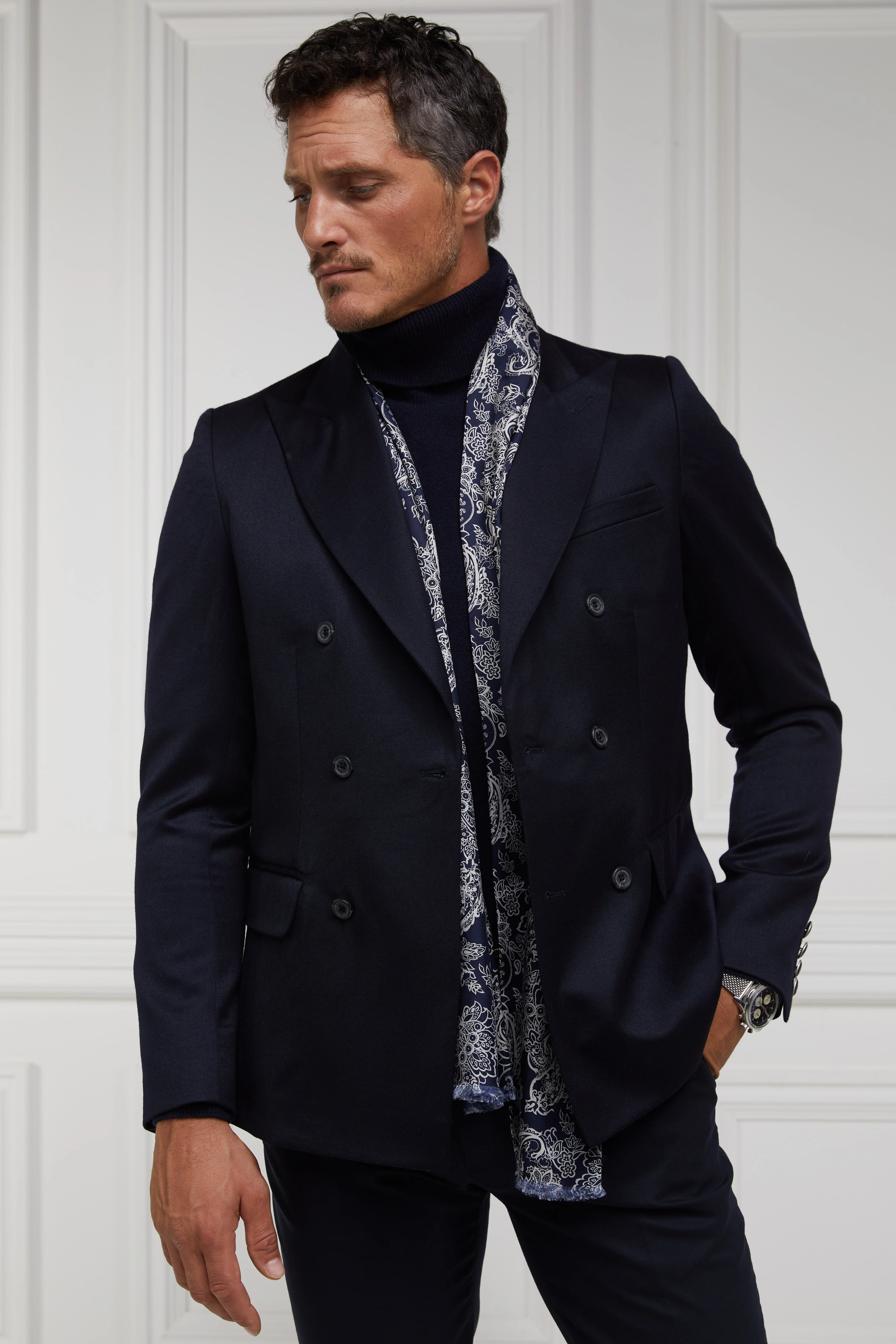 Men's Silk Scarf (Ink Navy Cream Paisley) - Image 3