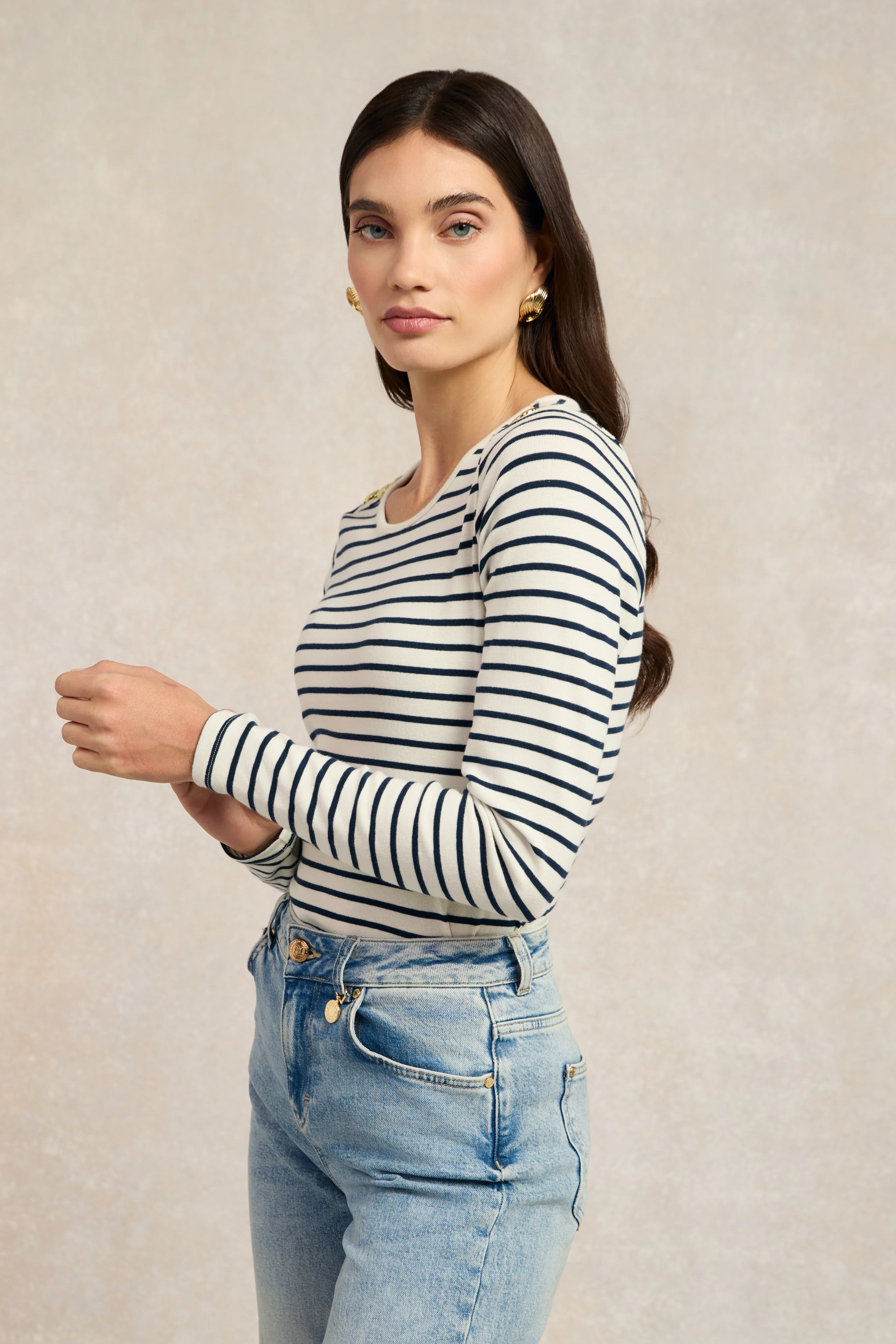 Padstow Long Sleeve Crew Neck Tee (Natural Ink Navy Stripe) - Image 2