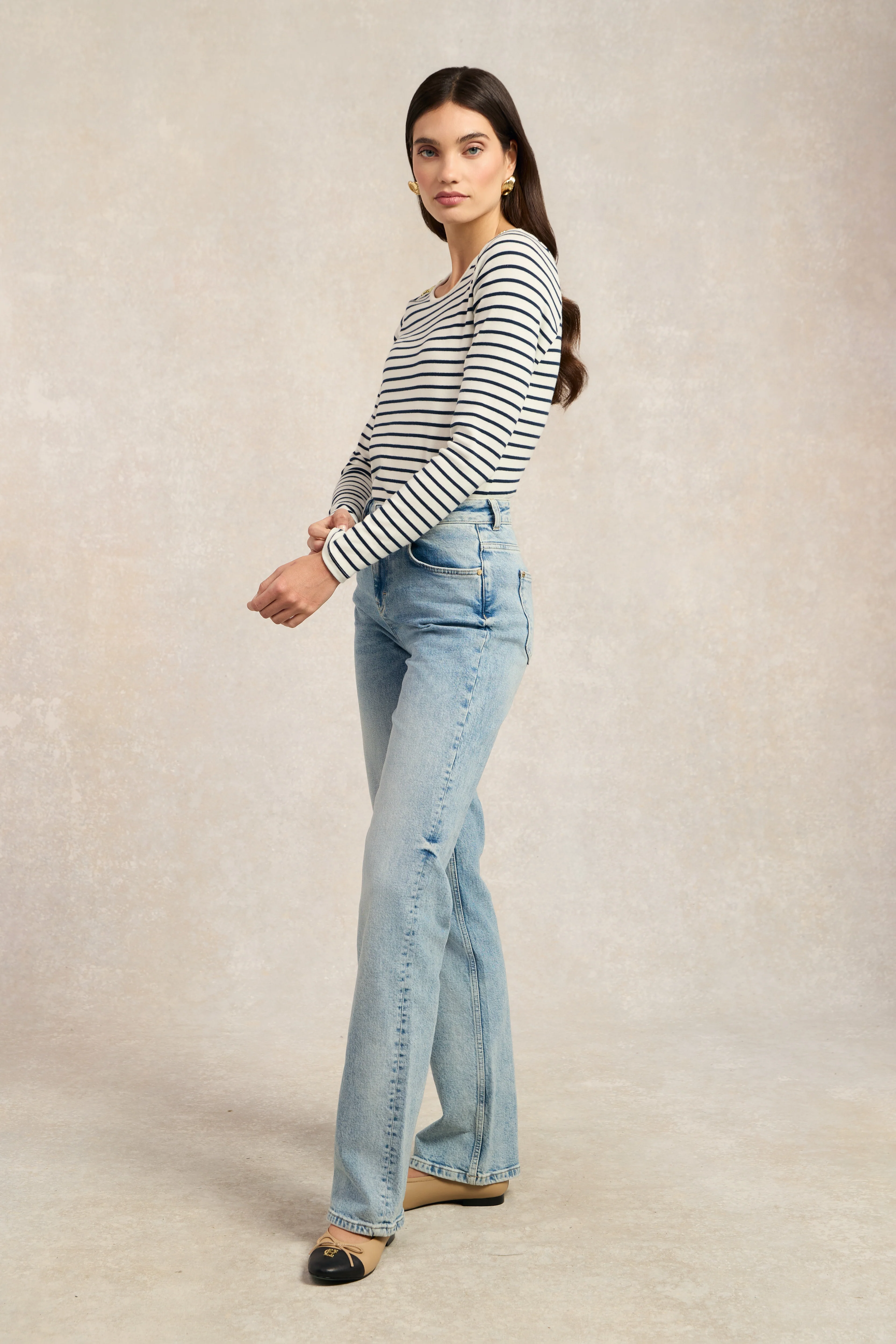 Padstow Long Sleeve Crew Neck Tee (Natural Ink Navy Stripe) - Image 5