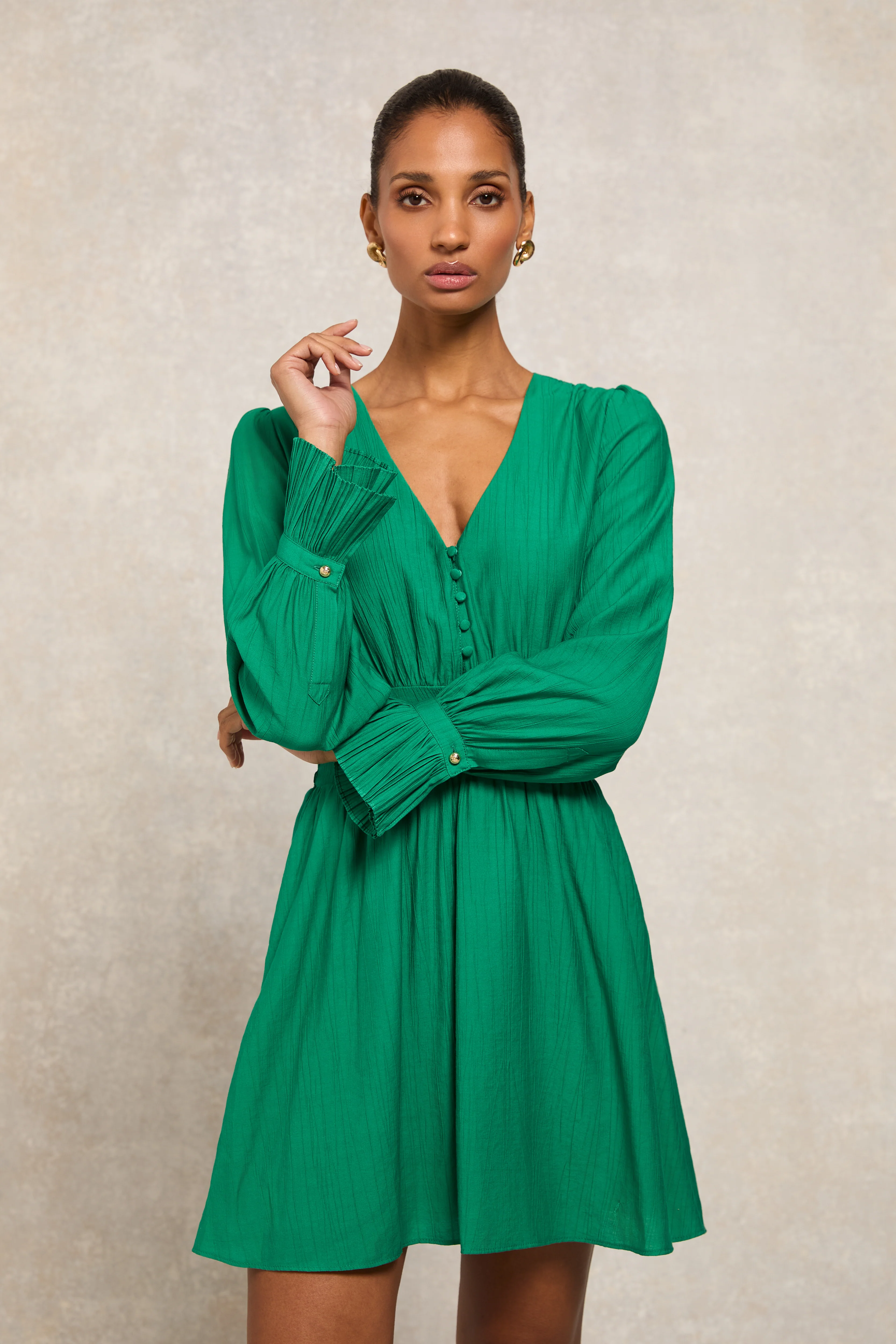 Phoebe V-Neck Mini Dress (Jewel Green) - Image 7