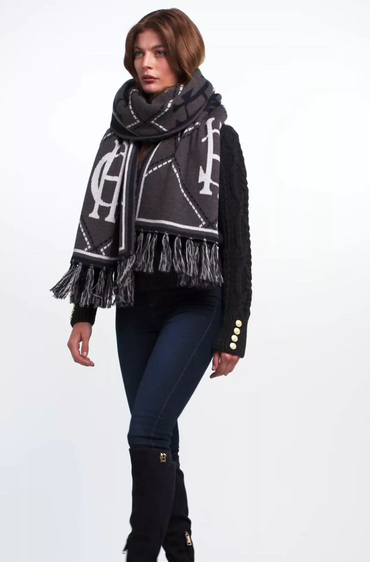 Reversible Monogram Scarf (Charcoal Houndstooth) - Image 5