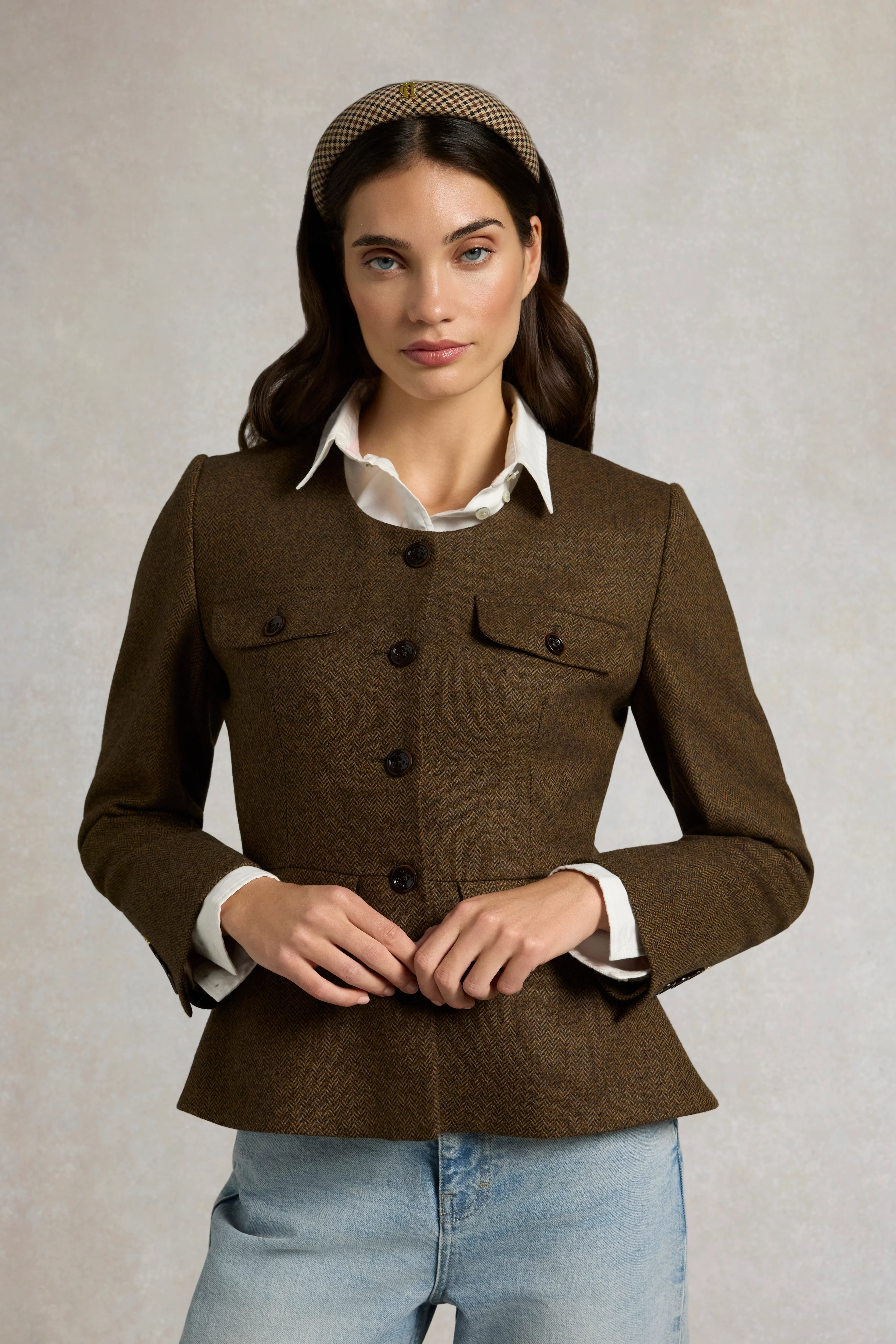 Tailored Peplum Jacket (Tobacco Herringbone)
